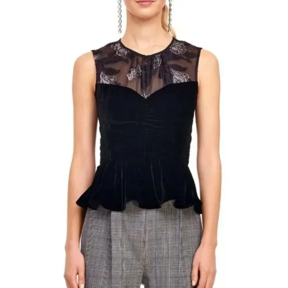 Rebecca Taylor Black Velvet Peplum‎ Top Silver Floral Embroidery Sheer Yoke 8